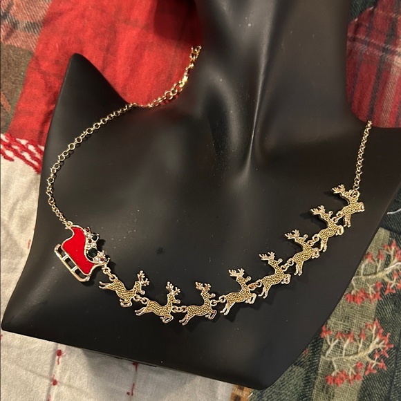 Jewelry - Gold Reindeer Necklace with Red Sleigh